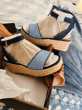 Franco Sarto Blue Woven Espadrille Wedge Sandals
